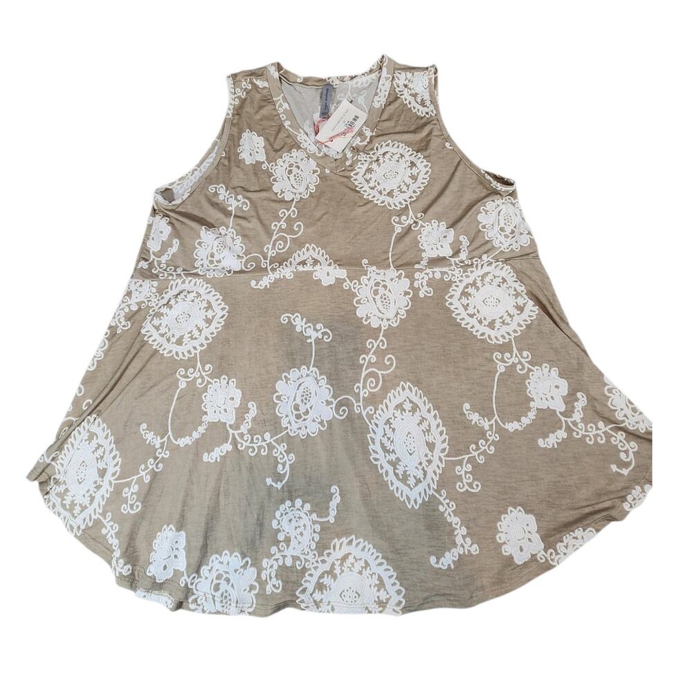 Honeyme Curvy XXXL Boho Floral Lace Print Tank Top Beige White Swing Tunic